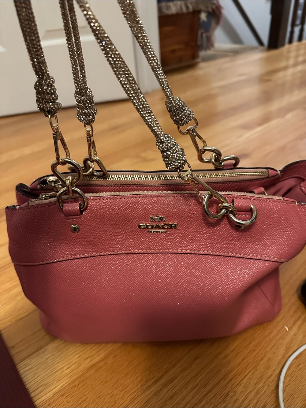 Coach Pink Leather Shoulder Bag with Crystal Chain Straps